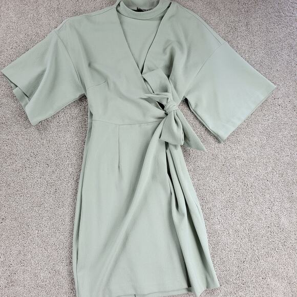 ASOS Womens Dress 4 Mint Green Textured Wrap V Neck Plunge Kimono Tie Waist - Picture 5 of 16